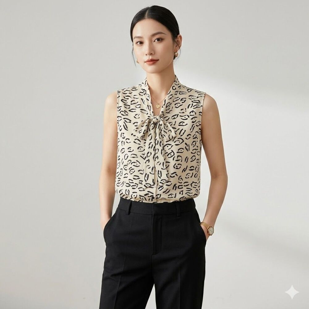 Tracy Reese Animal Print Blouse Sleeveless Neck Tie Medium Button Front